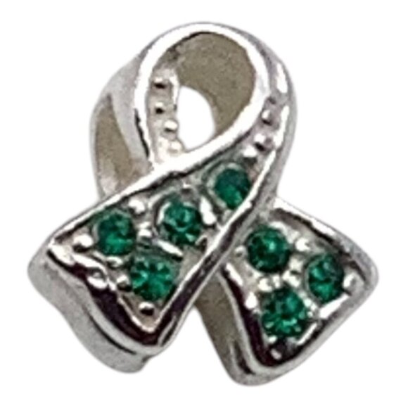 Charmed Craft 925 Sterling Silver Ribbon Pendant Green Crystals Cancer Awareness - Picture 6 of 8